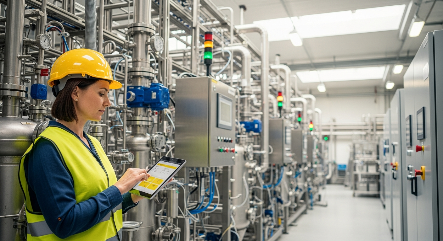 Formation continue industrielle - opératrice consultent procédures sur tablette près équipements chimiques