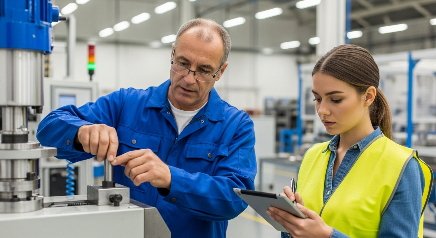Formation continue - expert senior transmettant savoir-faire technique à jeune opératrice usine