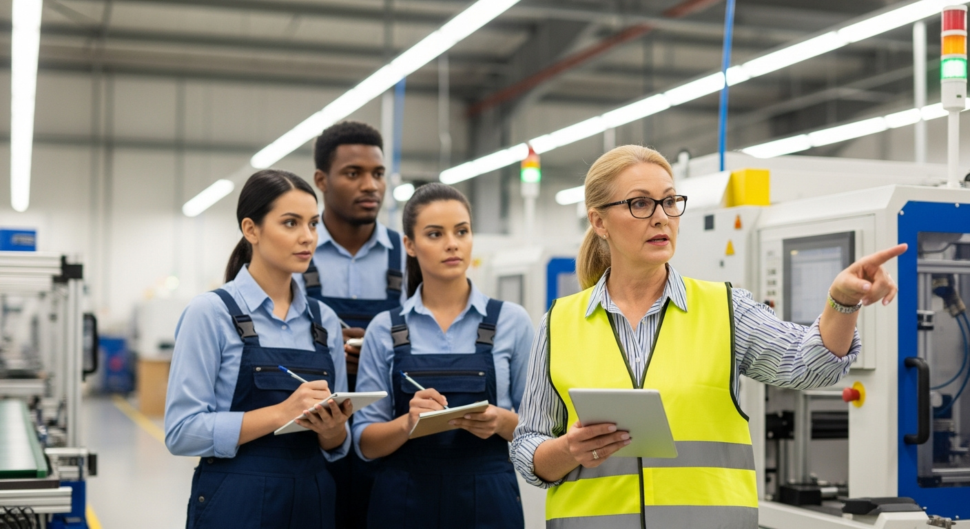 Manufacturing team conducting gemba walk observation with supervisor in yellow safety vest reviewing production line