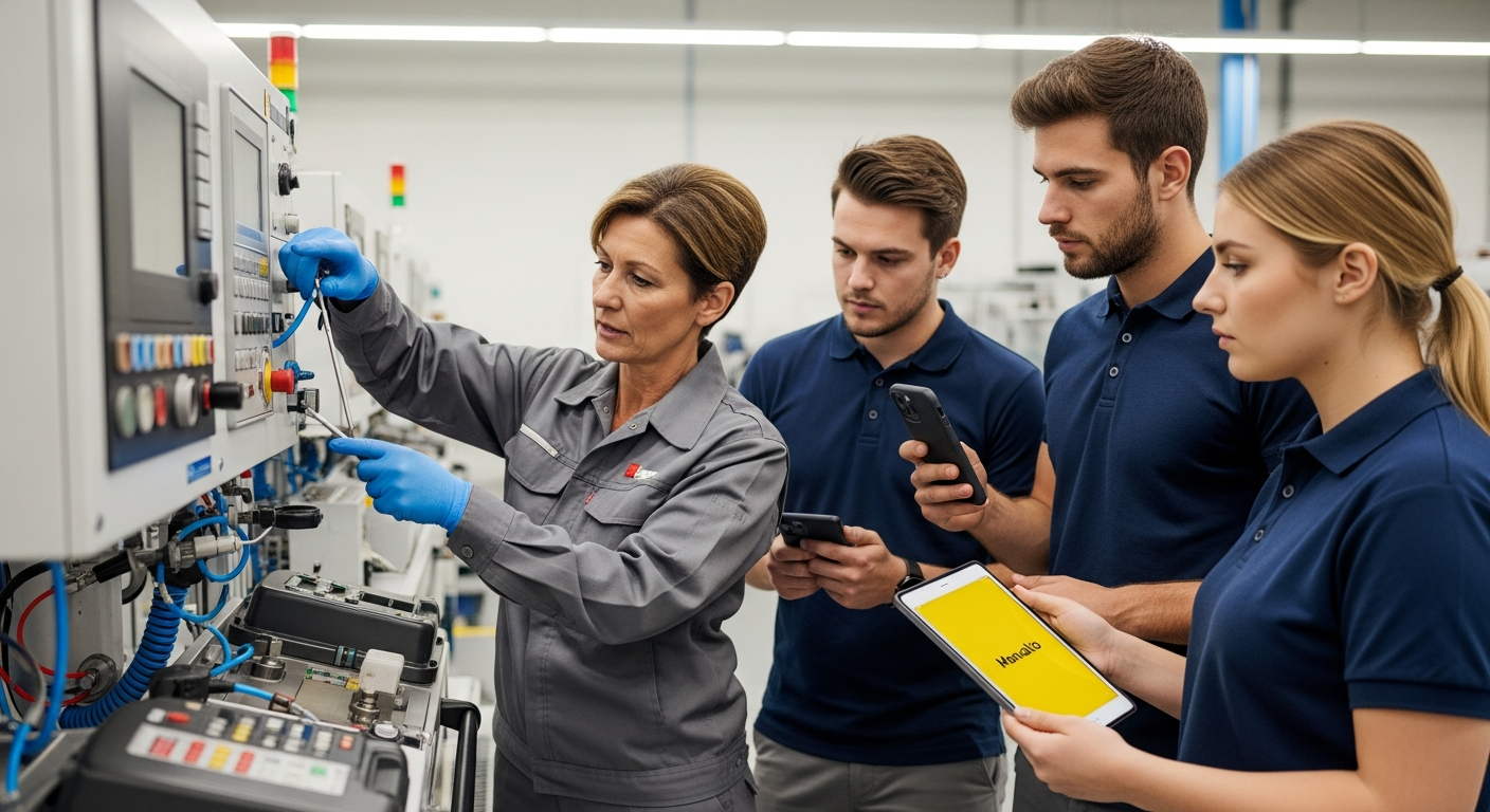 Expert technician demonstrating procedures during gemba walk knowledge capture session with team recording on mobile devices