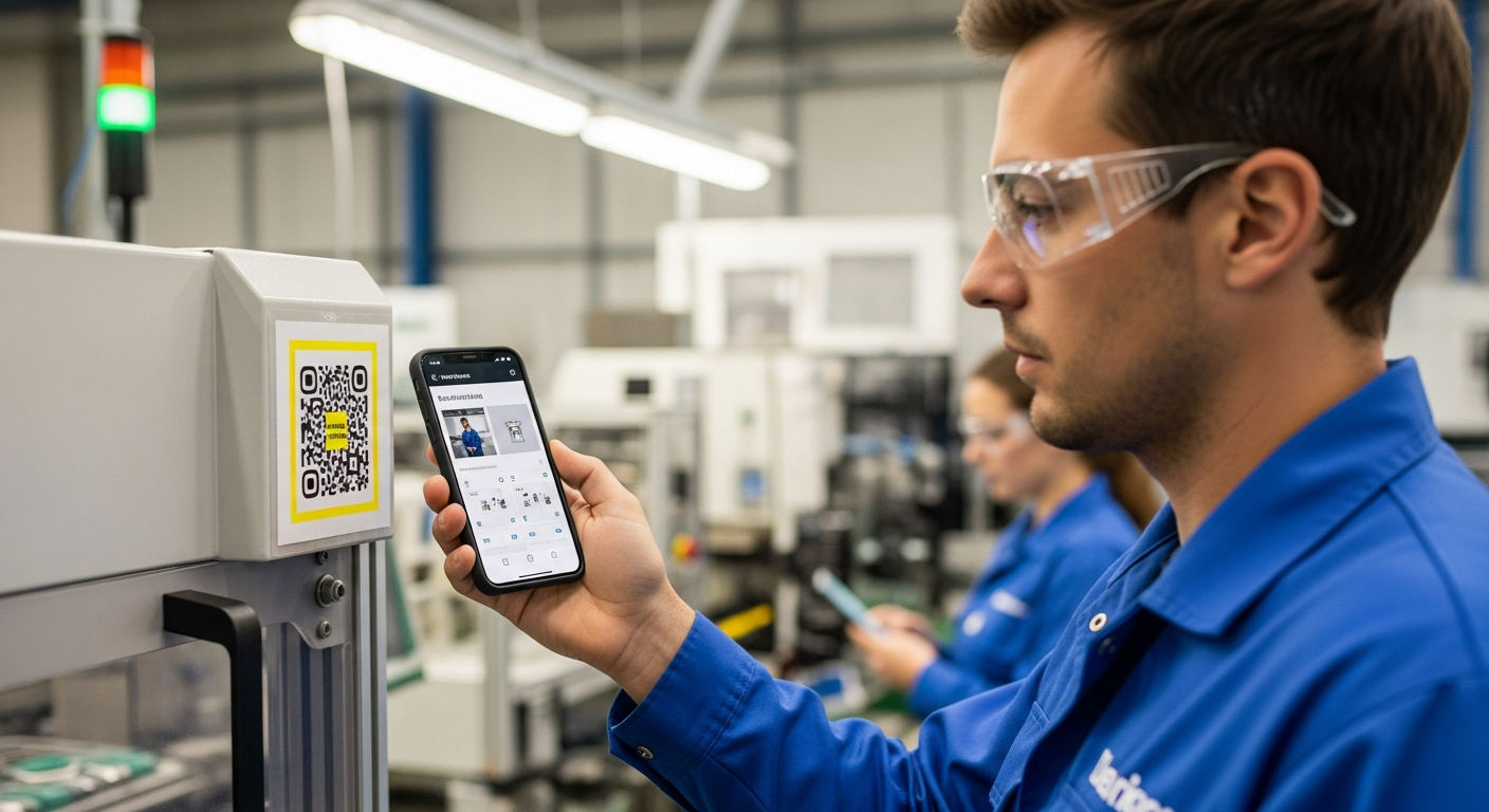 Factory worker scanning QR code for gemba walk procedure access on smartphone at industrial workstation