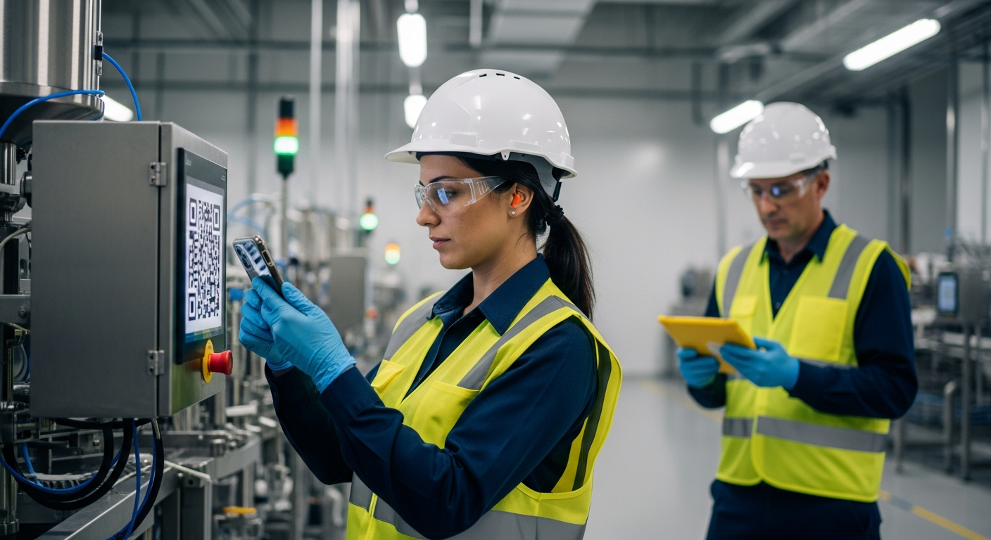 Opératrice scannant un QR code pour accéder aux procédures de gestion risques sur équipement industriel