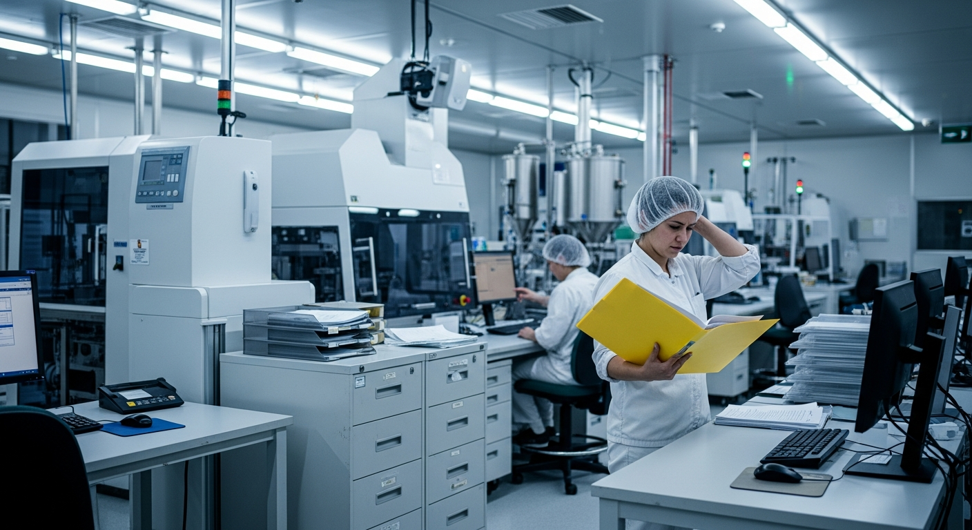 Night shift pharmaceutical worker searching for good manufacturing practice documentation during inspection