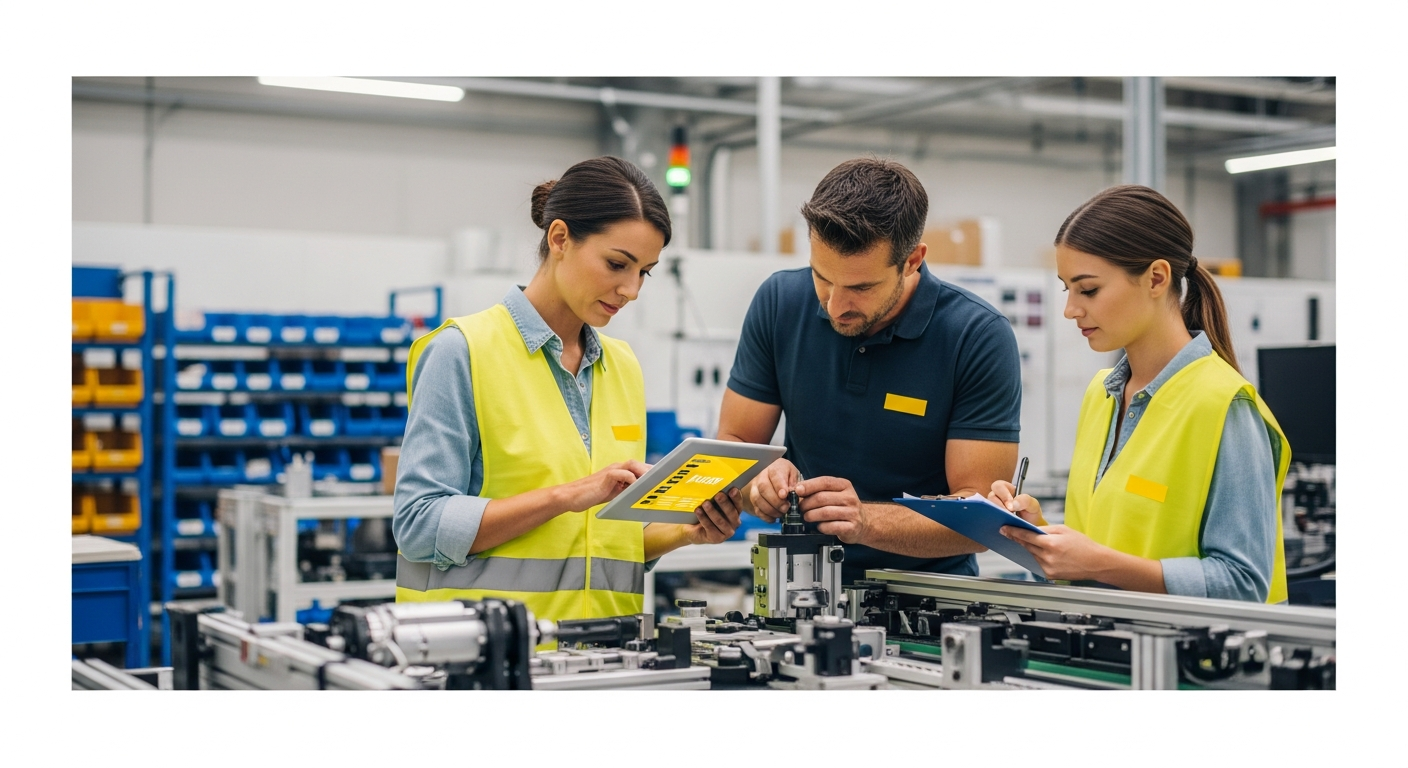 Workers implementing lean manufacturing system improvements on factory floor with digital documentation tools