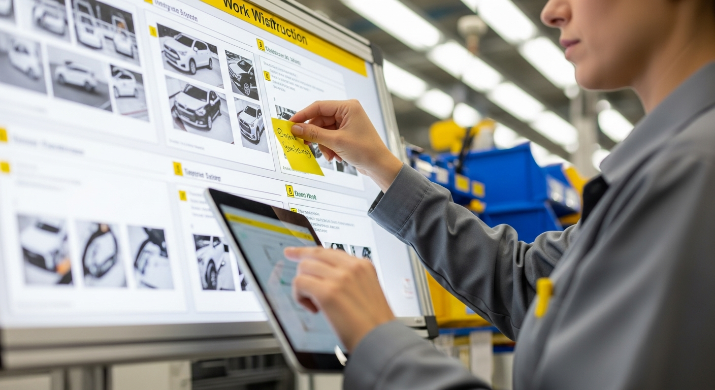 Operator updating visual work instructions as part of sustainable lean manufacturing system knowledge capture