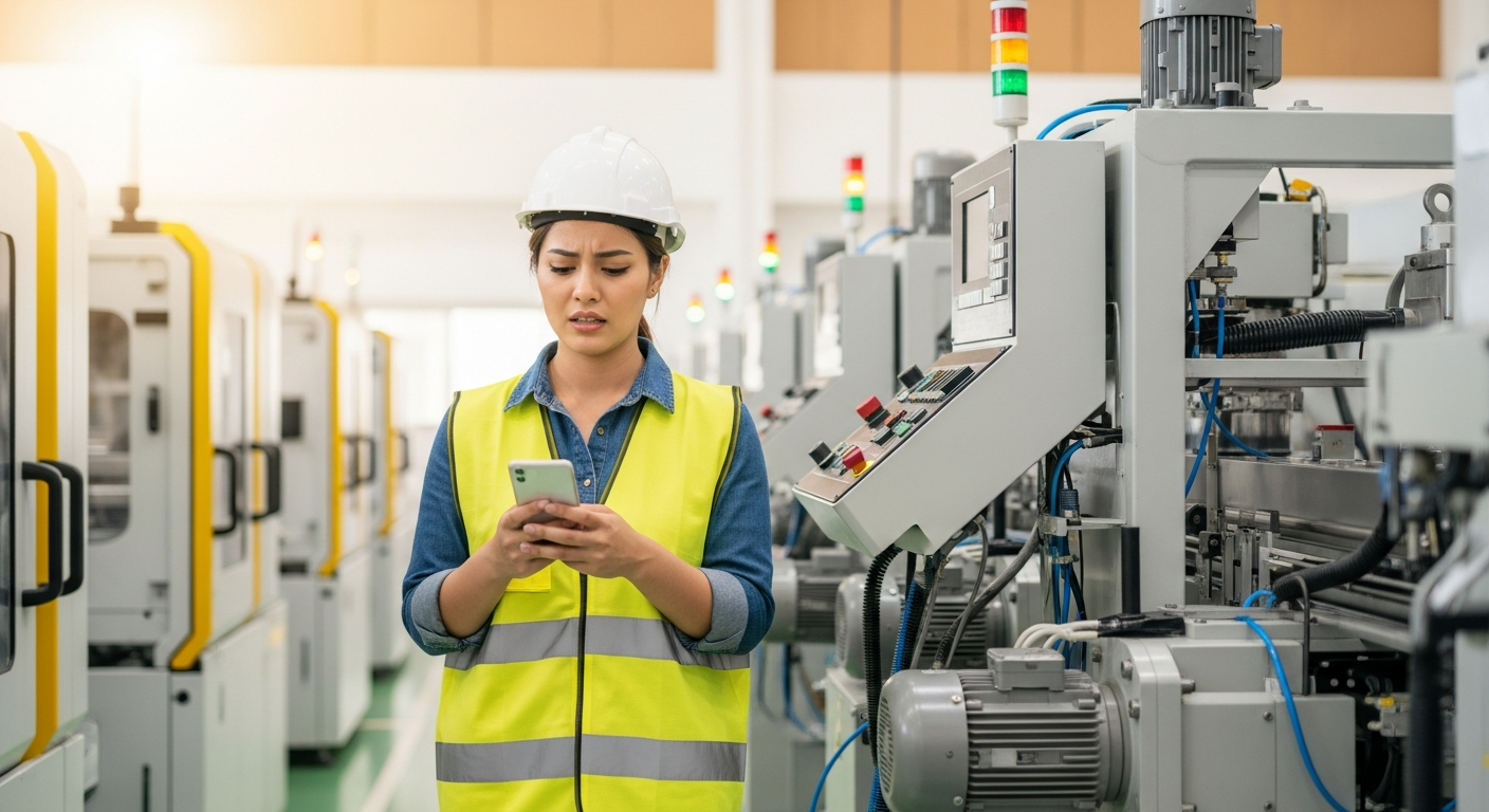 Maintenance worker accessing MTTR procedures on smartphone next to industrial equipment in modern factory