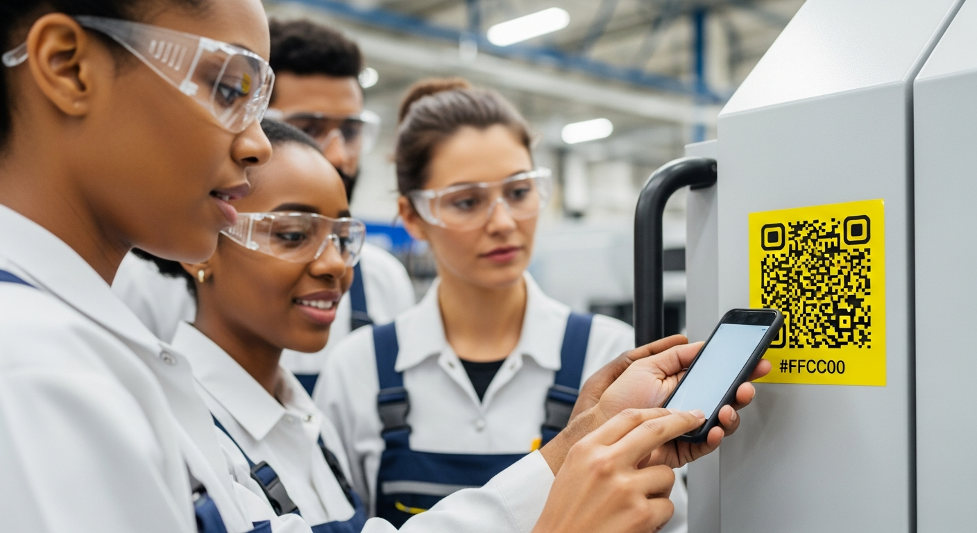 Manufacturing team scanning yellow QR code for instant MTTR procedure access on industrial equipment