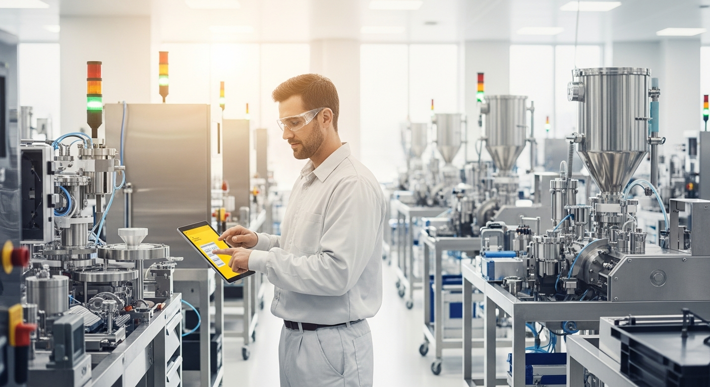 Technician using digital MTTR procedures on tablet during precision equipment maintenance in pharma facility
