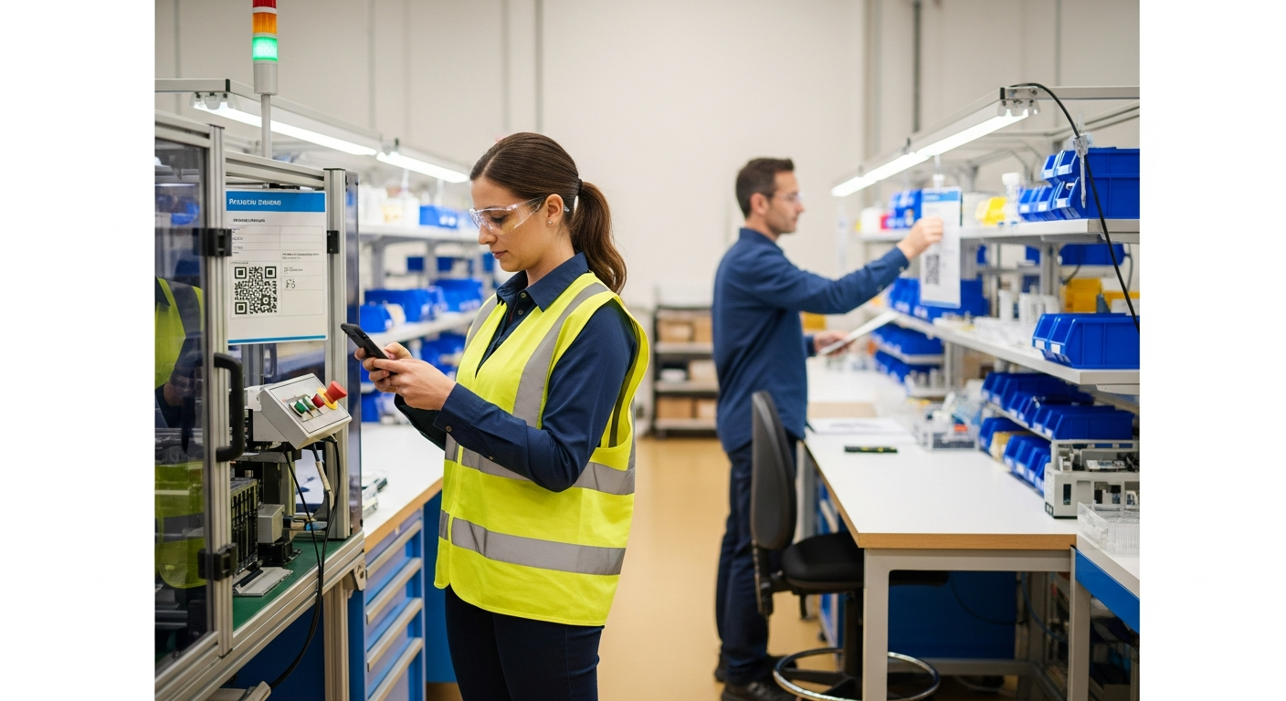 Manufacturing workers using digital poka yoke procedures with QR codes and visual instructions on production line