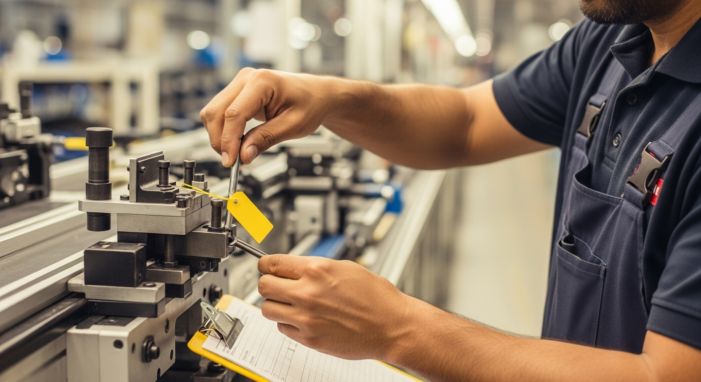 Technician adjusting traditional poka yoke mechanical device to prevent assembly errors in automotive manufacturing