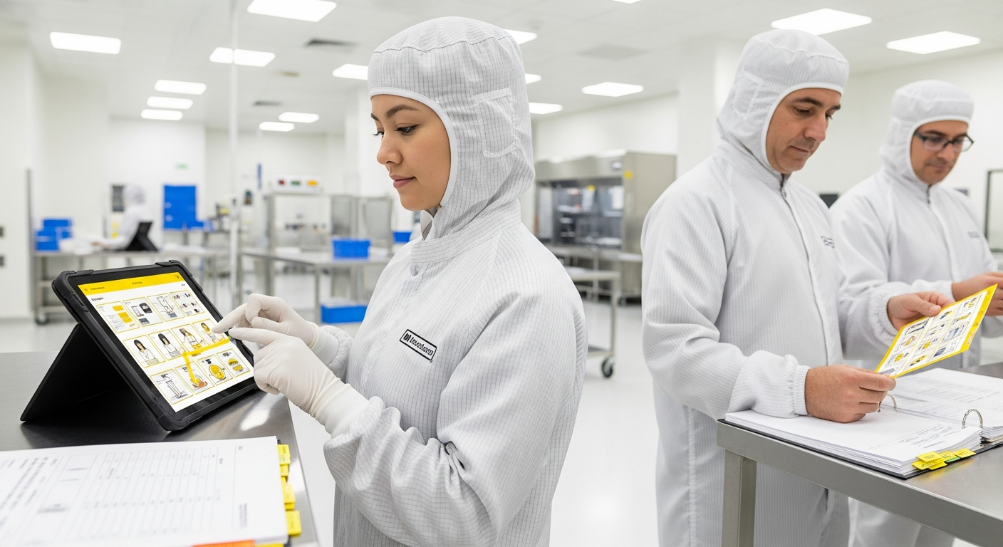Pharmaceutical workers following visual poka yoke procedures using tablets and instruction cards in clean room