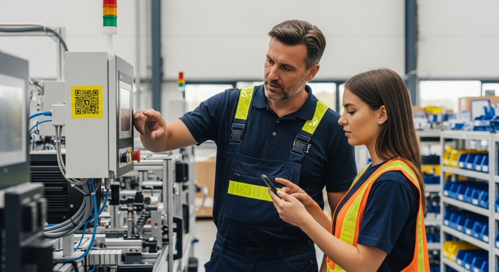Expert demonstrating standard operating procedure sop while worker scans QR code for instant access