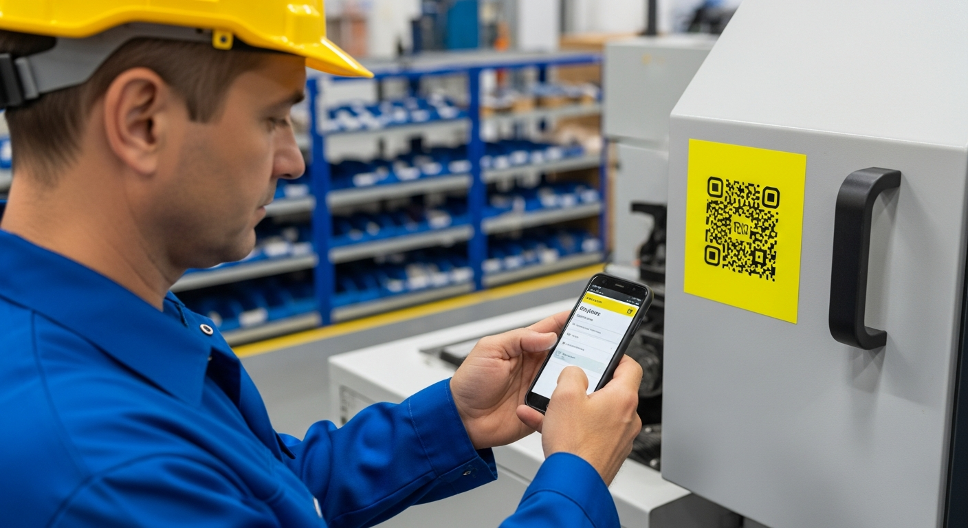 Maintenance worker scanning QR code to access standard operating procedures sops directly on manufacturing equipment