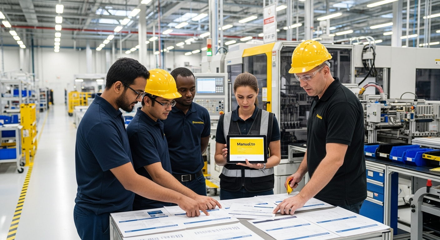 Équipe multilingue utilisant traduction technique sur tablette lors panne machine industrielle