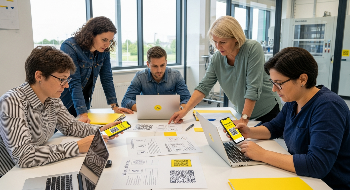 Équipe implémentant système traduction technique avec QR codes et outils multilingues