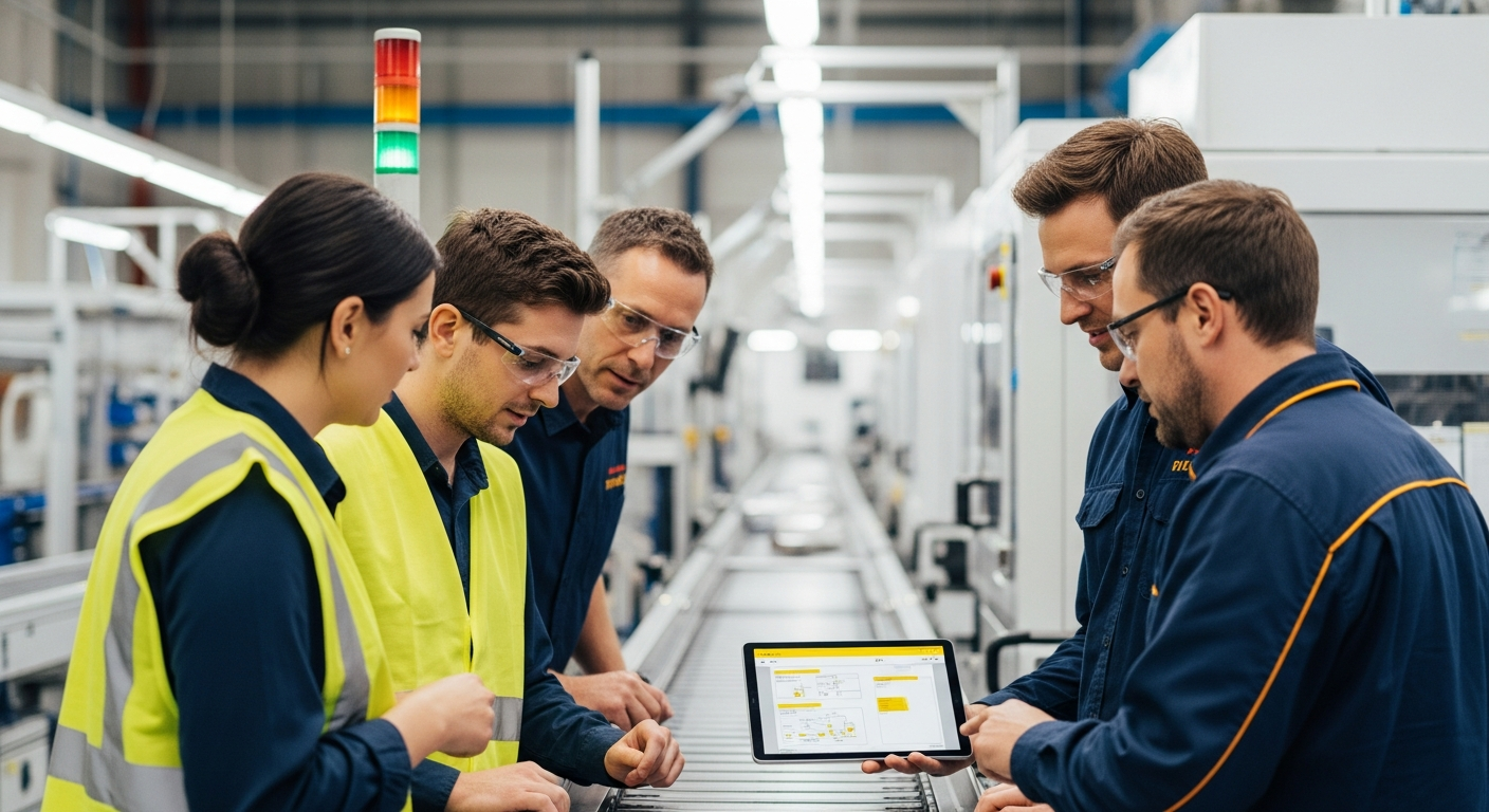 Manufacturing workers using tablets for transformation digitale procedures on production line