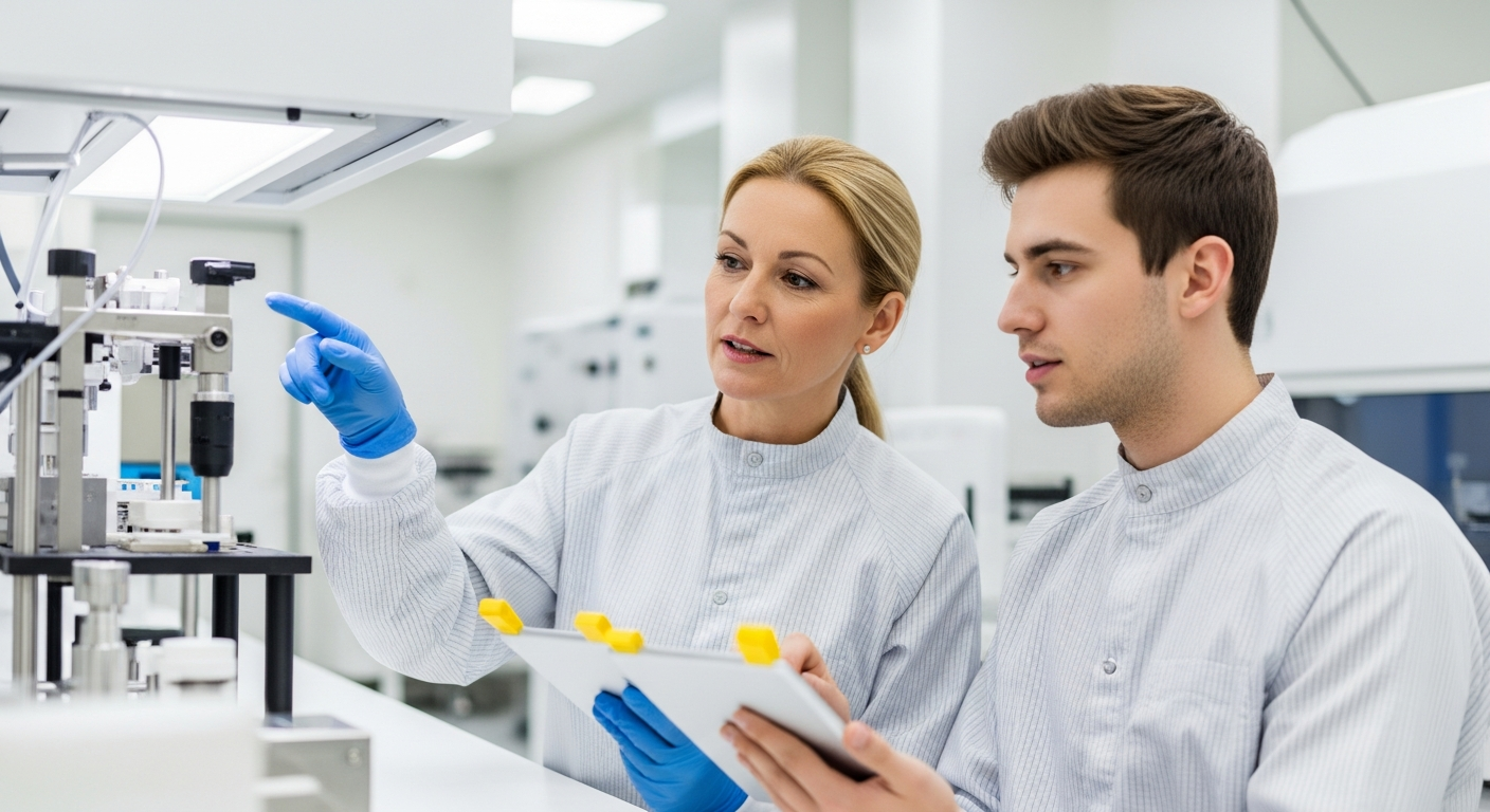 Expert quality inspector demonstrating techniques during transformation digitale knowledge transfer