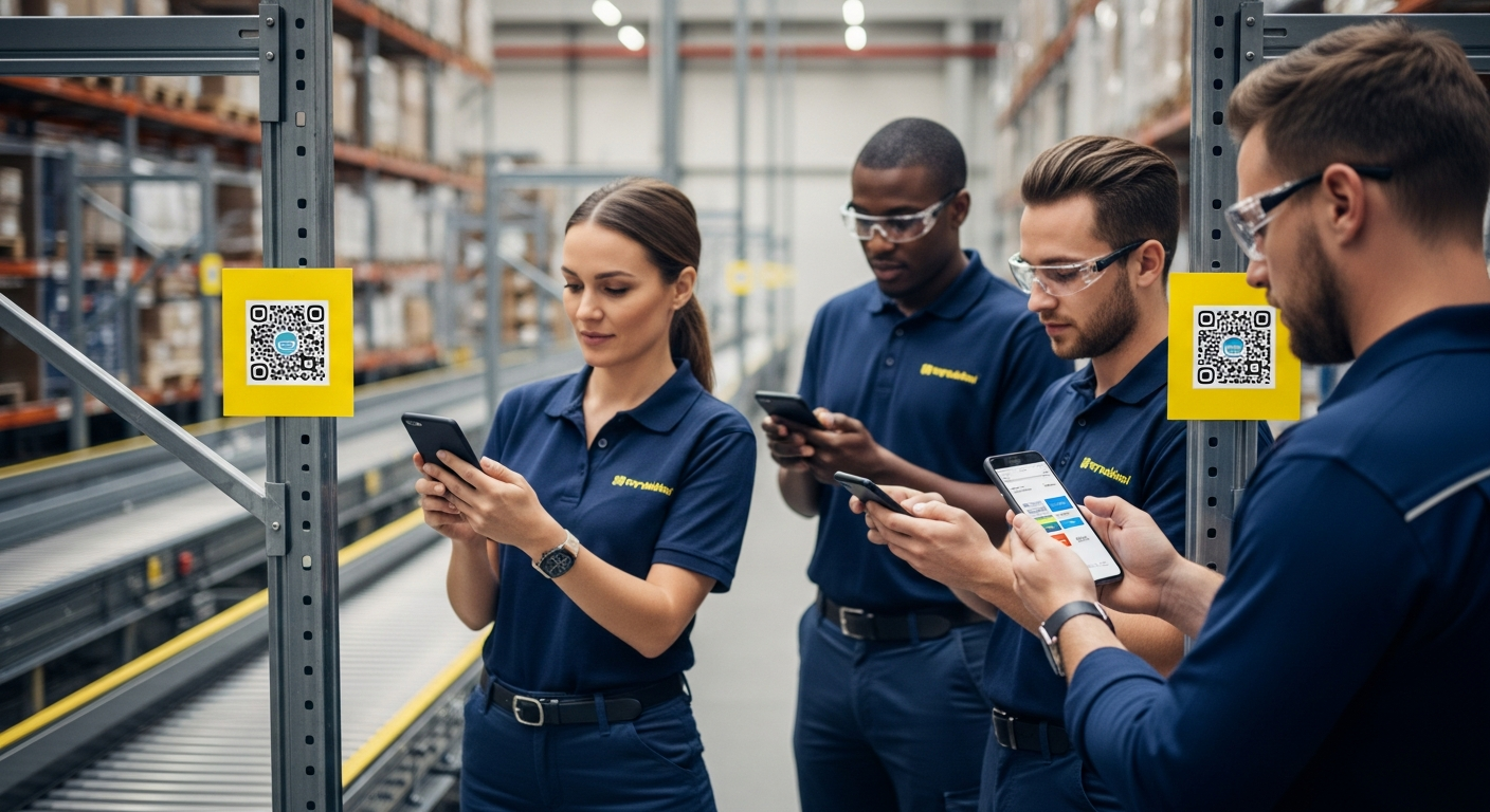 Warehouse workers accessing digital procedures via smartphones during transformation digitale implementation
