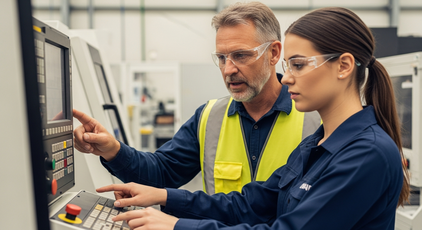 Experienced operator demonstrating upskilling through hands-on knowledge transfer to younger technician