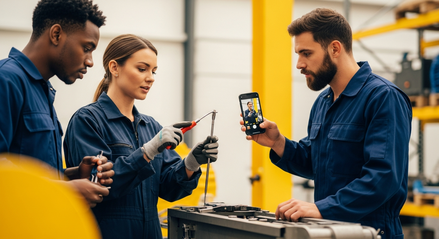 Manufacturing team using smartphones for upskilling by recording expert procedures on factory floor