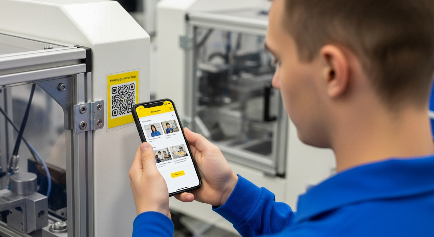 Worker accessing upskilling content via QR code on equipment for point-of-need learning