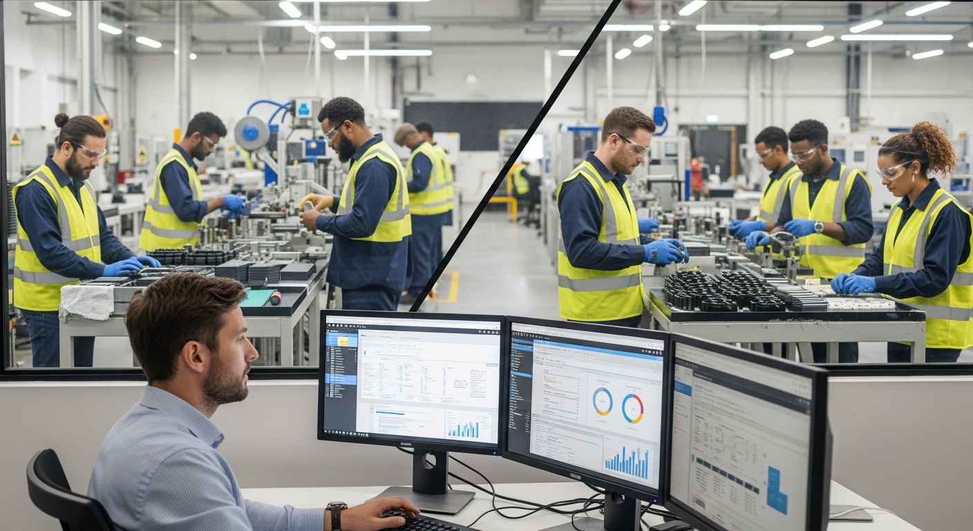 Hybrid manufacturing operation showing both digital workflows where WalkMe excels and physical work requiring alternatives