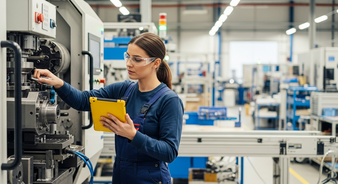 Female maintenance technician performing hands-on equipment work that Whatfix software guidance cannot address
