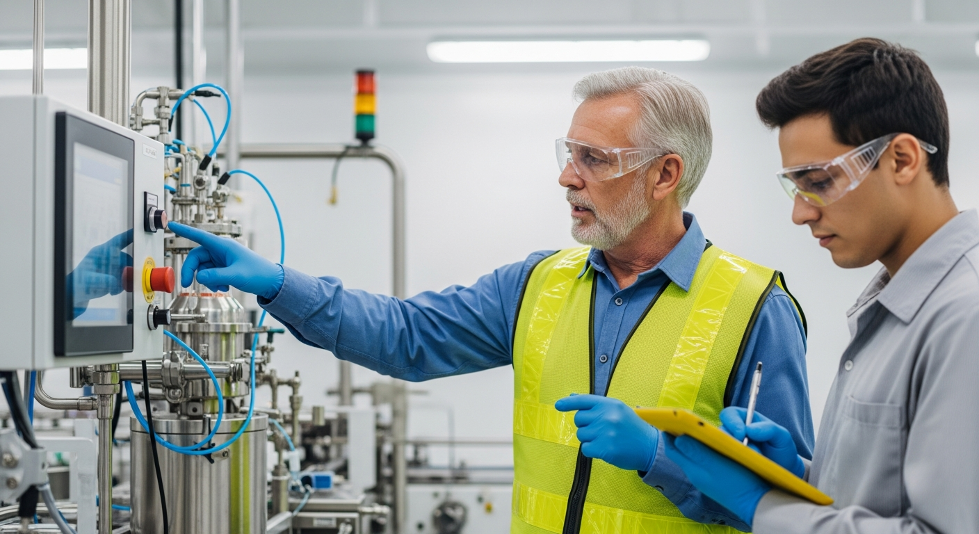 Expert senior formant un apprenti sur équipement pharmaceutique - apprentissage entreprise en action