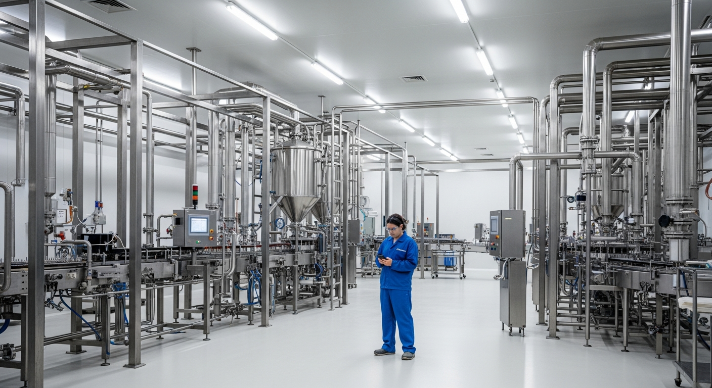 Opérateur seul cherchant documentation service sur smartphone durant weekend dans usine pharmaceutique
