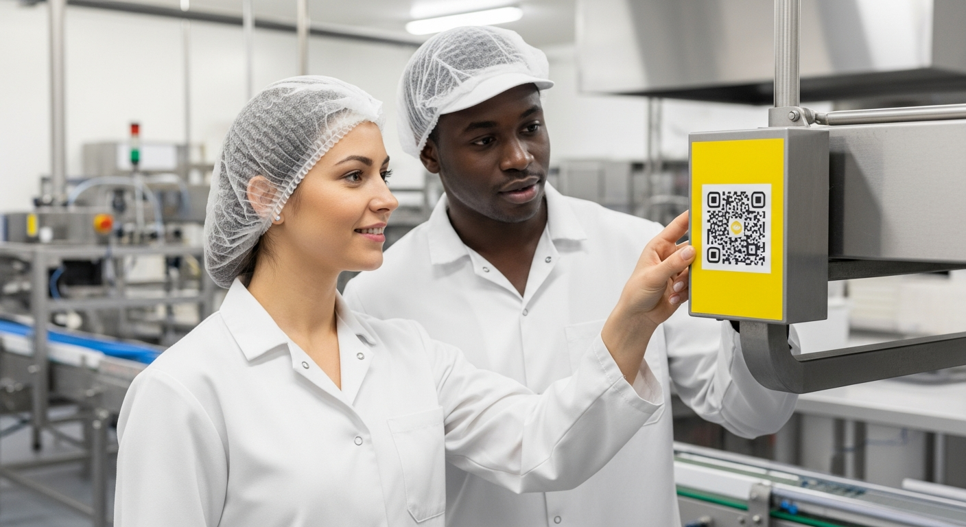 Équipe multilingue utilisant QR code pour accéder documentation service dans industrie alimentaire