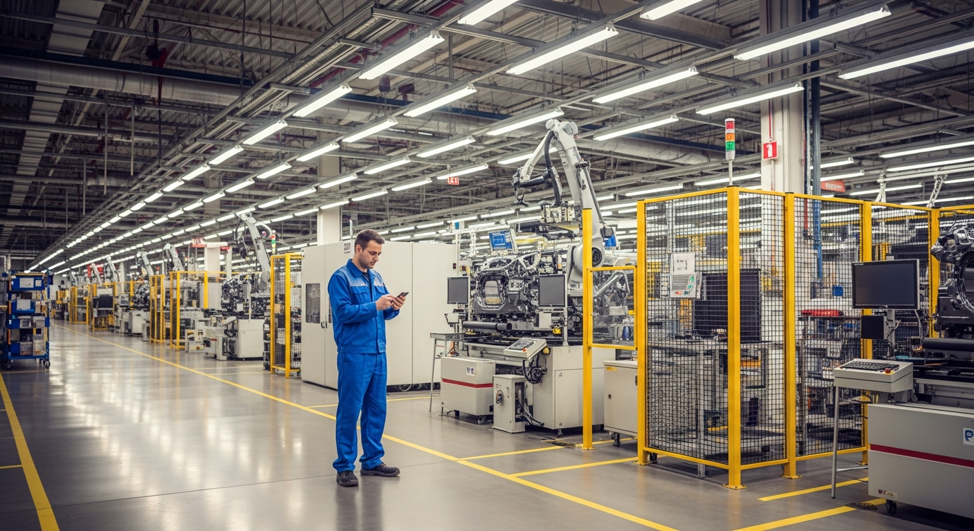 Opérateur consultant des fiches modes opératoires sur smartphone dans usine automobile moderne