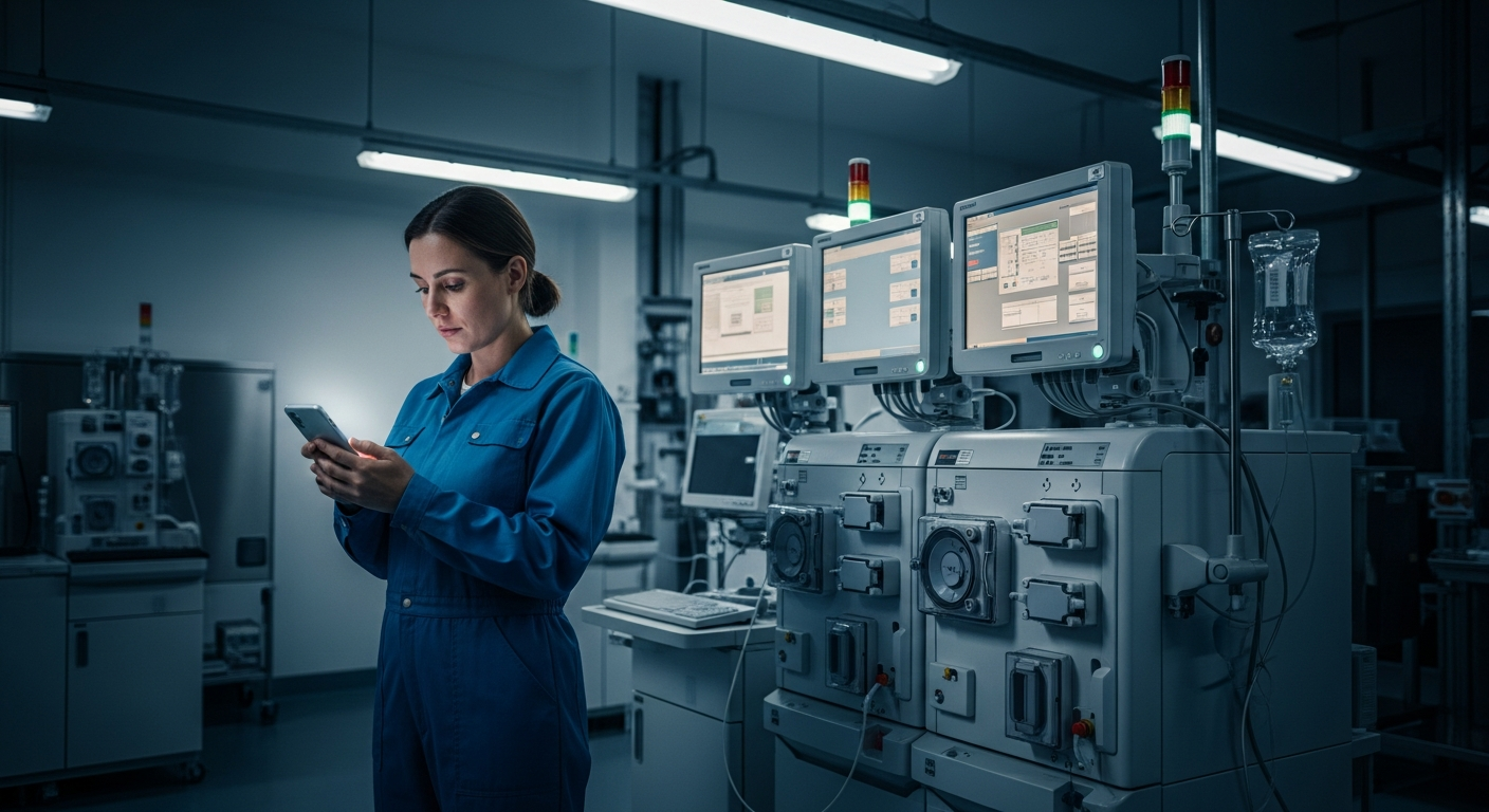 Technicien biomédical consultant un guide application sur smartphone lors d'une maintenance nocturne critique