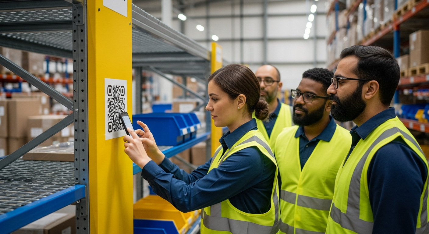 Équipe logistique multiculturelle utilisant un guide application via QR code pour procédures de tri