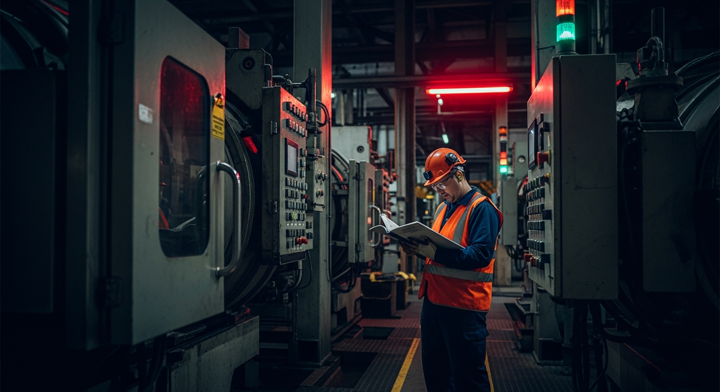 Opérateur consultant un guide de démarrage rapide papier dans une usine la nuit, illustrant les défis d'accès