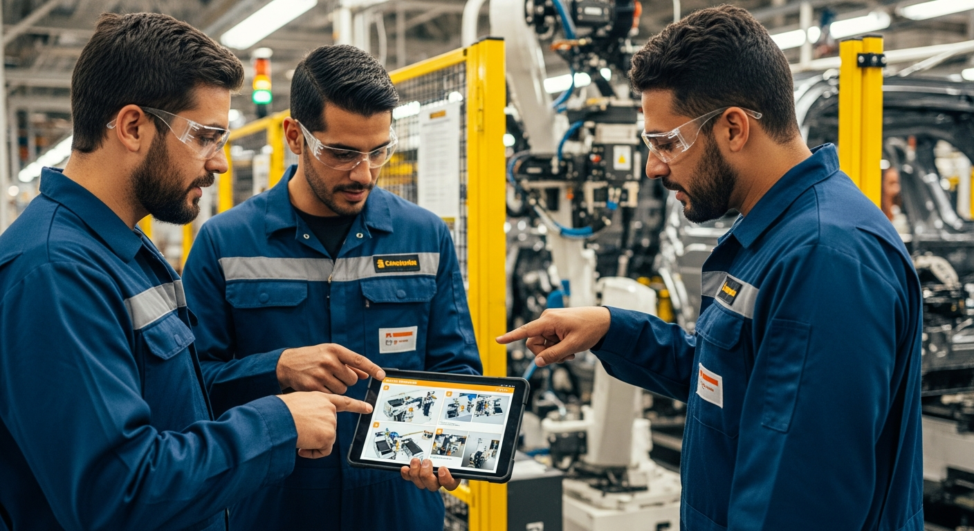 Équipe multilingue utilisant un guide de démarrage rapide numérique pour la maintenance industrielle
