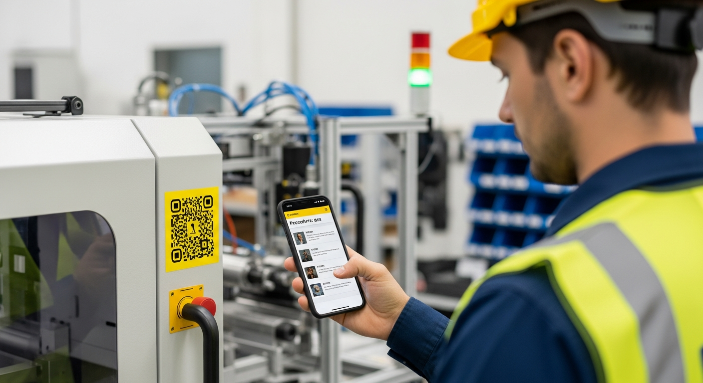 Manufacturing worker using QR code for instant knowledge sharing access at machine workstation