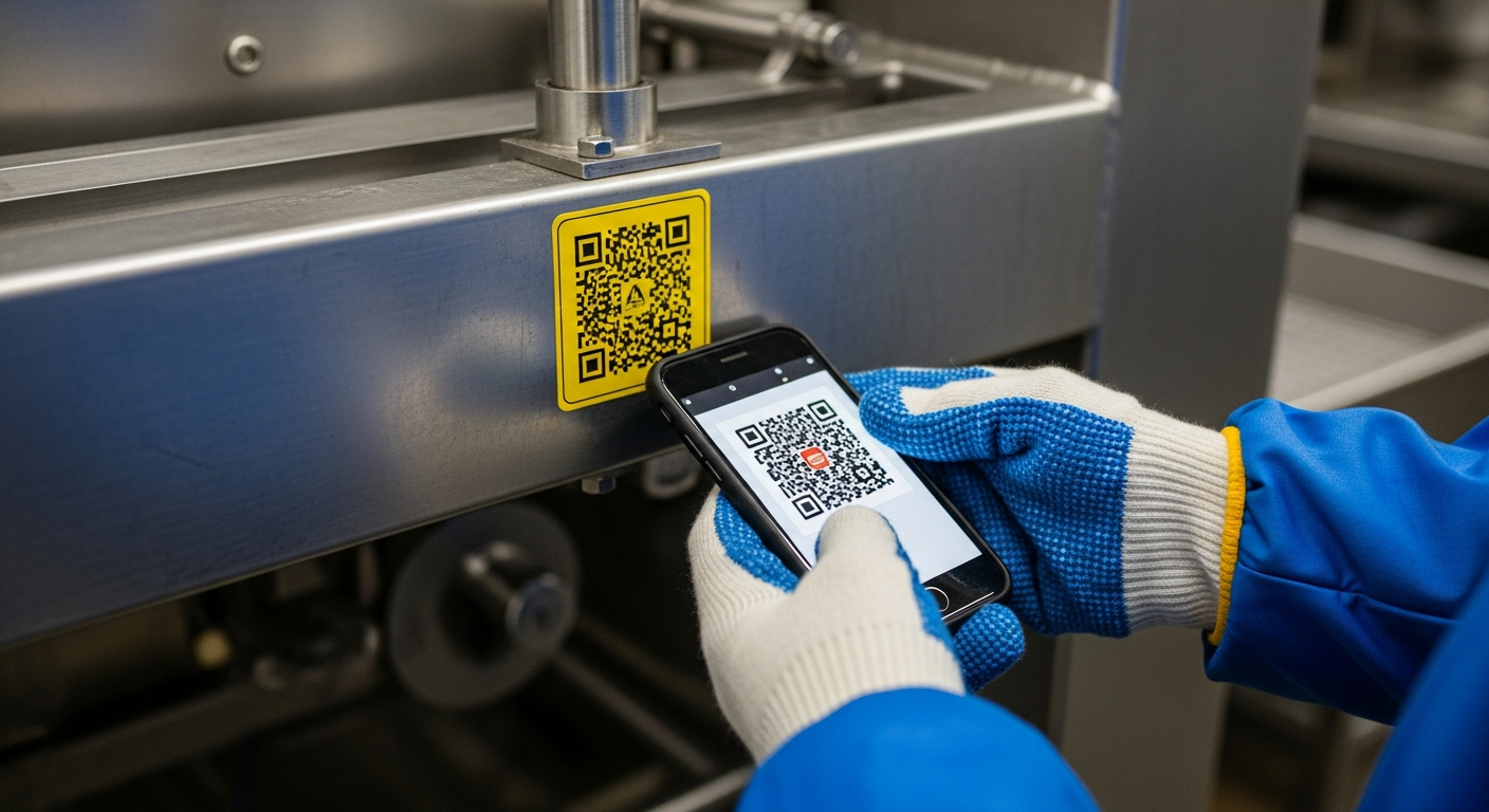 Mains scannant QR code sur équipement industriel pour accès immédiat à outil d aide