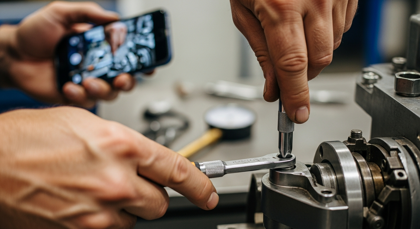 Expert démontrant une procédure de travail technique filmée par smartphone pour documentation