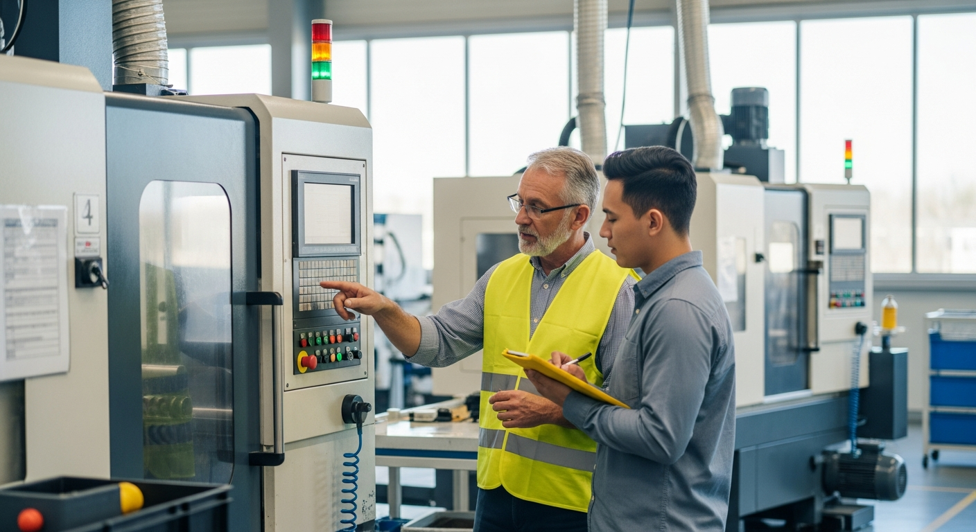 Veteran operator demonstrating equipment skills to trainee, showing critical skill management knowledge transfer in manufacturing