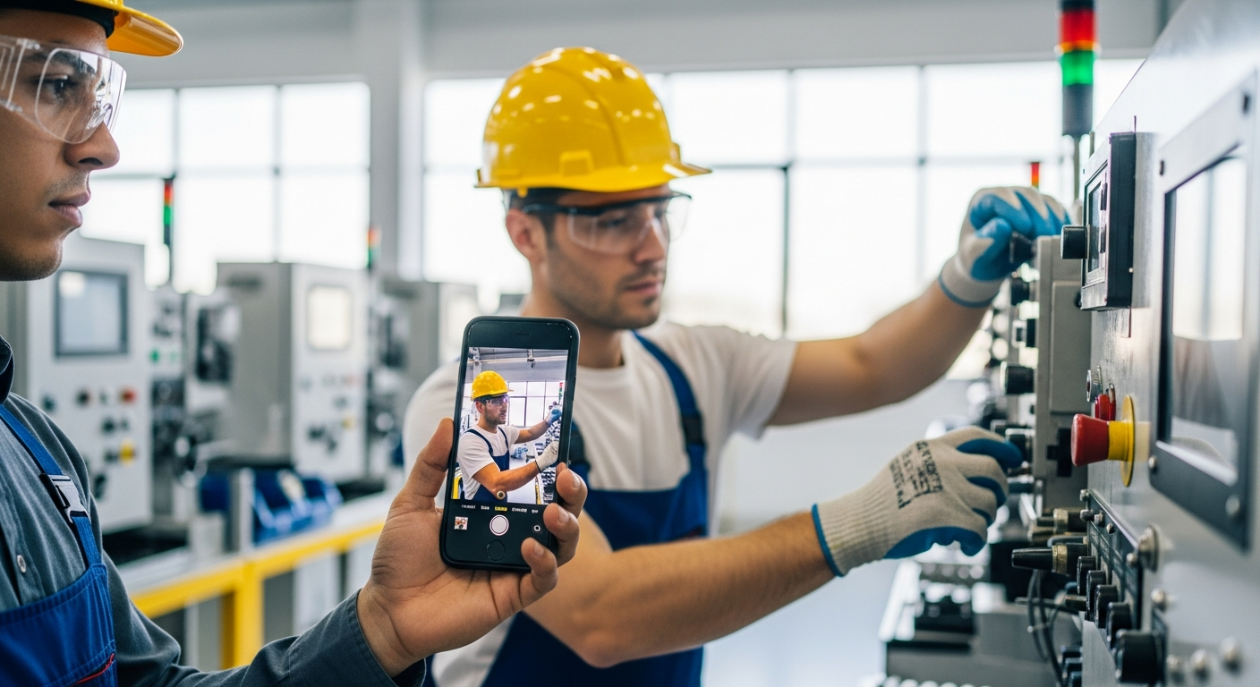 Expert filmé sur smartphone pour traduire notice technique en temps réel industrie